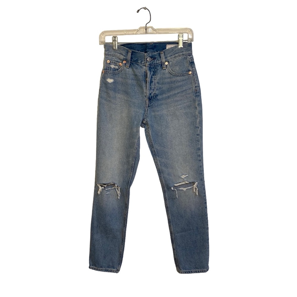 GAP 90s Straight High Rise Blue Jeans Sz. 24 / 00P (Ripped Knee, Distressed)